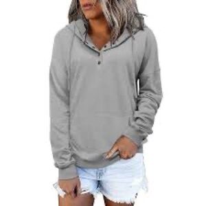 Women’s Large Grey Quarter Button Hoodie Stretch Casual Front Pocket Sweatshirt